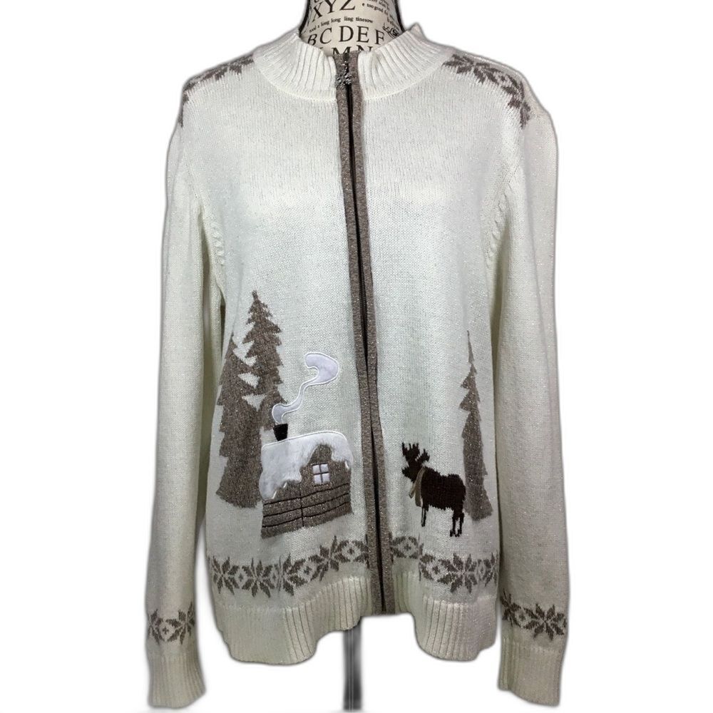 Moose, house and trees winter cardigan snowflake zipper pull Christmas sweater L
